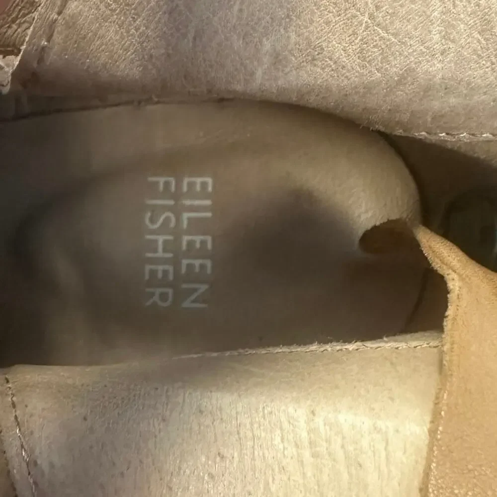 Eileen Fisher Derby Ankle Boots Tan Nubuck Leather Stacked‎ Heel Preppy Career 6